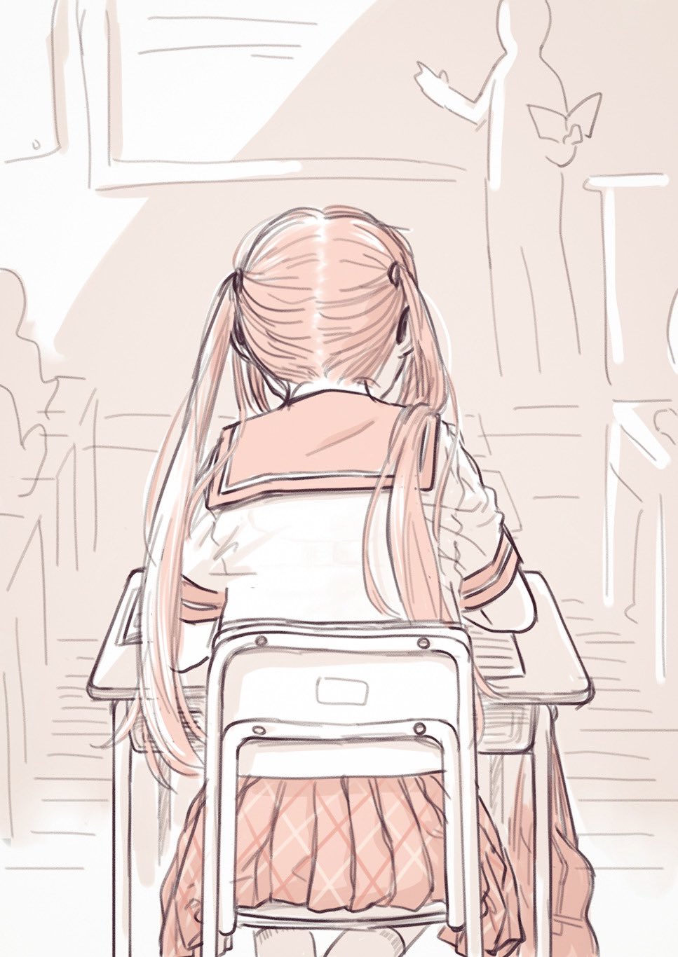 1girl bra_visible_through_clothes classroom desk facing_away highres indoors limited_palette marrontorisu oogaki_chiaki sailor_collar school_desk school_uniform sitting solo_focus twintails yurucamp