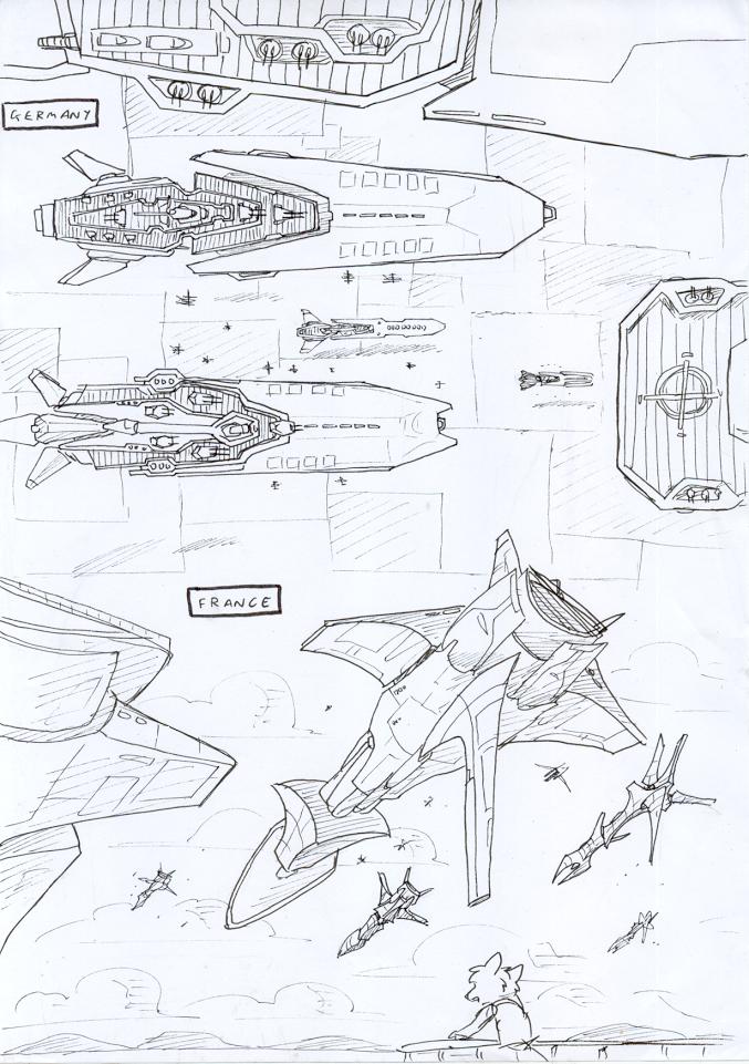 aircraft airplane ambiguous_gender anthro bird's-eye_view black_and_white cannon cloud cloudscape comic distance english_text field france germany gun high-angle_view kitfox-crimson low-angle_view monochrome mountain railing ranged_weapon sketch sky solo spacecraft text unknown_species vehicle weapon
