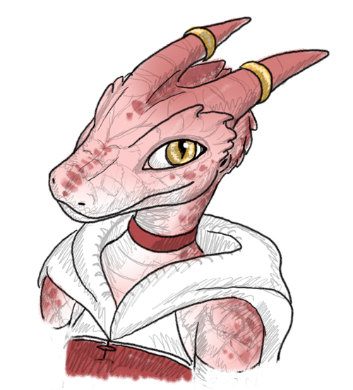 anthro chev'dalhar_(pookawitch) clothing collar female hoodie horn_jewelry horn_ring kobold pink_body pink_scales pookawitch portrait ring_(jewelry) scales solo topwear