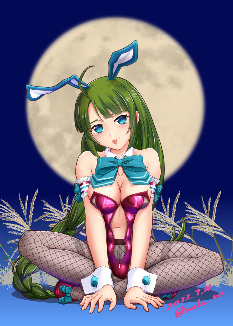 1girl adapted_costume ahoge animal_ears aqua_bow aqua_bowtie bow bowtie braid breasts detached_collar fake_animal_ears fishnet_pantyhose fishnets full_moon green_hair grey_pantyhose kantai_collection large_breasts leotard long_hair lotus_position moke_ro mole mole_under_mouth moon navel pantyhose playboy_bunny purple_leotard rabbit_ears single_braid sitting solo strapless strapless_leotard thighband_pantyhose tongue tongue_out very_long_hair wrist_cuffs yuugumo_(kancolle)