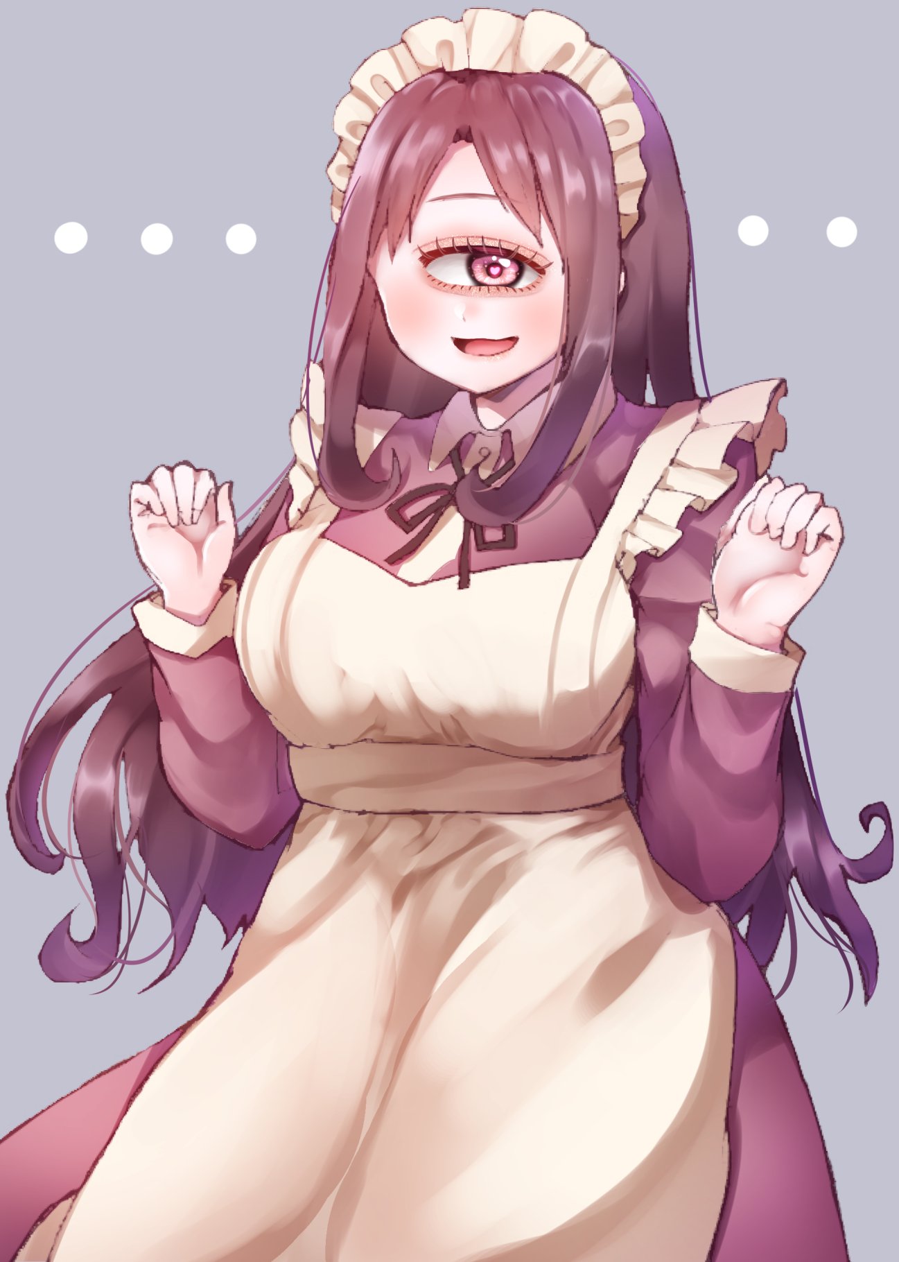 ... 1girl :d apron azen_(mntimcczgrtn) black_hair breasts cyclops dress grey_background hands_up heart heart-shaped_pupils highres large_breasts long_hair long_sleeves looking_at_viewer maid maid_apron maid_headdress neck_ribbon one-eyed open_mouth original pink_eyes purple_dress ribbon smile solo symbol-shaped_pupils white_apron