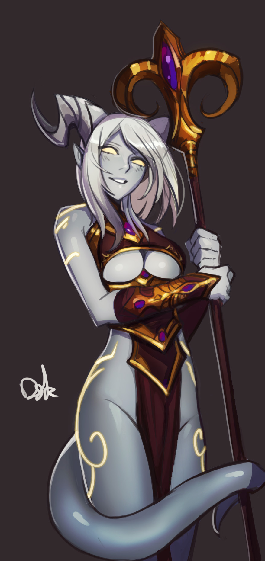 1girl breasts brown_background brown_dress colored_sclera colored_skin distr draenei dress grey_skin highres holding holding_staff horns large_breasts looking_at_viewer pelvic_curtain prehensile_tail priest_(warcraft) signature simple_background smile solo staff tail underboob vambraces warcraft white_hair world_of_warcraft yellow_eyes yellow_sclera