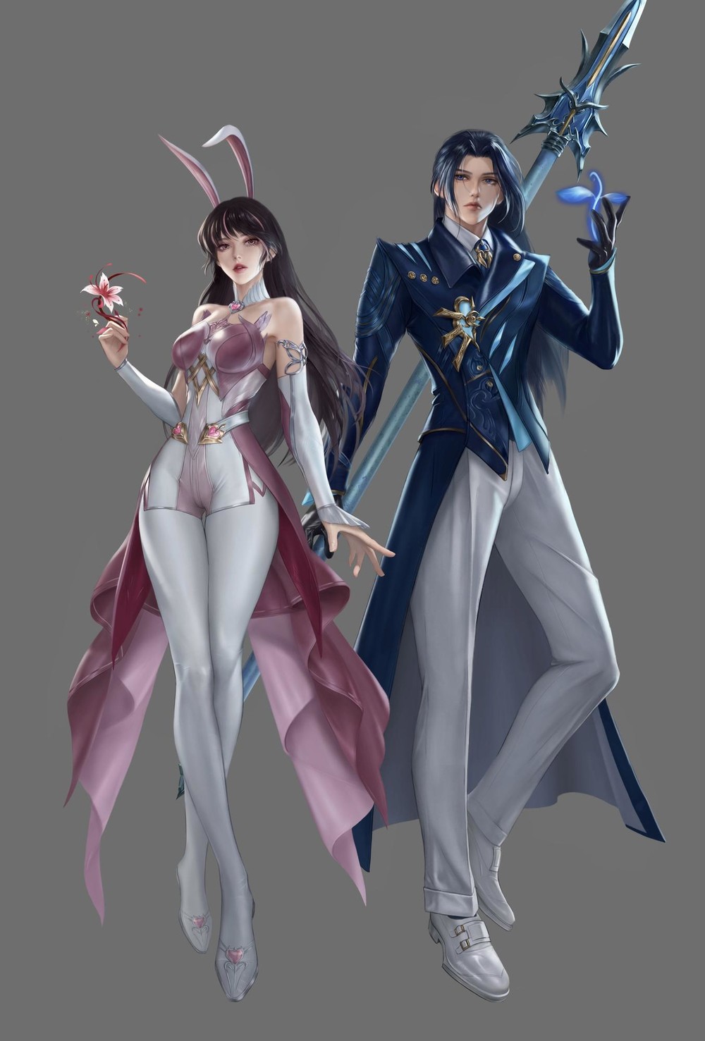 1boy 1girl animal_ears bare_shoulders blue_hair blue_suit boots brown_hair commission couple dashxxxx detached_sleeves douluo_dalu dress flower formal full_body grey_background high_heel_boots high_heels highres holding holding_flower long_hair parted_lips pink_dress polearm rabbit_ears spear suit tang_san weapon xiao_wu_(douluo_dalu)