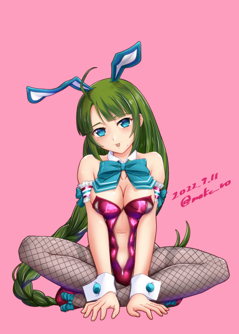 1girl adapted_costume ahoge animal_ears aqua_bow aqua_bowtie bow bowtie braid breasts detached_collar fake_animal_ears fishnet_pantyhose fishnets green_hair grey_pantyhose kantai_collection large_breasts leotard long_hair lotus_position moke_ro mole mole_under_mouth navel pantyhose pink_background playboy_bunny purple_leotard rabbit_ears simple_background single_braid sitting solo strapless strapless_leotard thighband_pantyhose tongue tongue_out very_long_hair wrist_cuffs yuugumo_(kancolle)