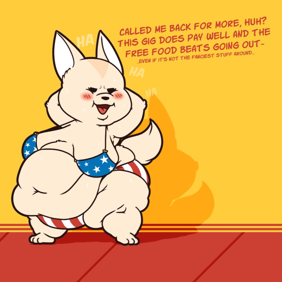 4th_of_july aggressive_retsuko animal_humanoid anthro bikini burger canid canid_humanoid canine canine_humanoid clothing fawxen female fennec fennec_humanoid fenneko food fox fox_humanoid humanoid mammal mammal_humanoid sanrio solo swimwear text weight_gain