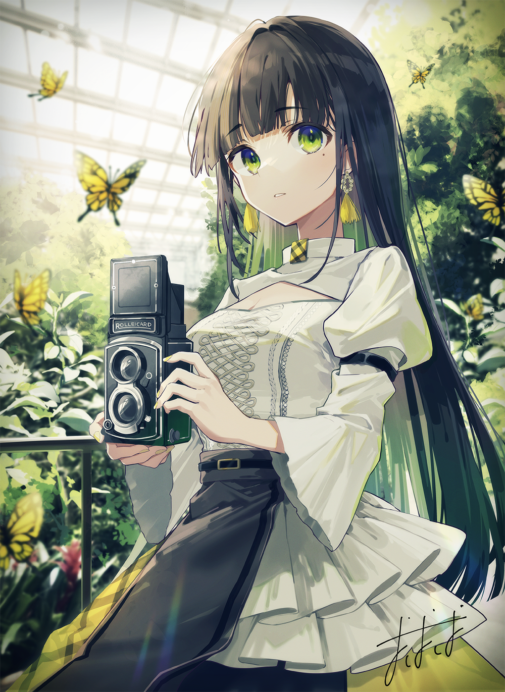 1girl black_hair breast_cutout bug butterfly butterfly_wings camera collared_shirt commentary commentary_request conservatory day earrings english_commentary garden green_eyes greenhouse hanging_plant highres holding holding_camera indoors jewelry long_hair long_sleeves looking_at_viewer original oshio_(dayo) plant potted_plant puffy_sleeves scenery shirt solo sunlight tassel tassel_earrings window wings