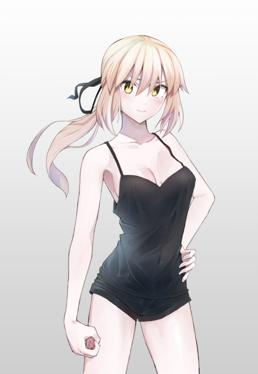 1girl artoria_pendragon_(fate) bangs bare_arms black_ribbon black_shirt black_shorts blonde_hair blush breasts cleavage closed_mouth collarbone covered_navel fate/stay_night fate_(series) floating_hair gradient gradient_background grey_background hair_between_eyes hair_ribbon hand_on_hip highres long_hair looking_at_viewer medium_breasts ponytail ribbon saber_alter shirt short_shorts shorts sideboob sleeveless sleeveless_shirt solo spaghetti_strap standing yagisawa_teru yellow_eyes