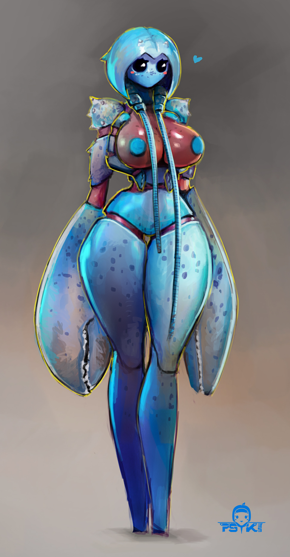 &lt;3 antennae_(anatomy) anthro arthropod big_breasts biped black_eyes blue_body blue_hair blue_lobster_(meme) blush breasts crustacean decapoda eyelashes female glistening glistening_body glistening_eyes hair hi_res horn lobster malacostracan marine mouthless multi_arm multi_limb nude outline pincers psyk323 simple_background solo standing text thick_thighs watermark wide_hips yellow_outline