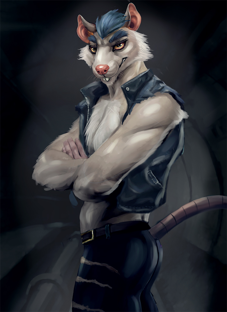 2022 anthro bare_chest belt bleakcat bottomwear brok_the_investigator butt clothing crossed_arms digital_media_(artwork) jacket male mammal murid murine pants rat rodent solo squealers_chief topwear torn_clothing video_games