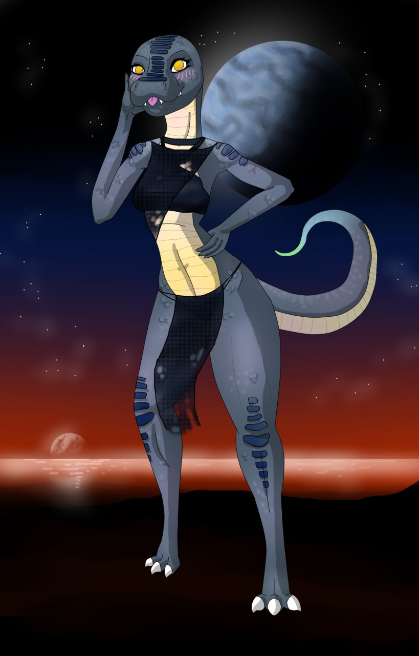 anthro beach blue_body blue_clothing blue_markings blue_scales blue_tail blush blush_lines breasts claws clothing eyelashes fangs female green_tail grey_markings hi_res lizard markings navel nix_(squablodecomplash) outside planet reptile scales scalie seaside sky snake solo squablodecomplash star starry_sky tongue tongue_out white_body white_scales white_tail yellow_eyes