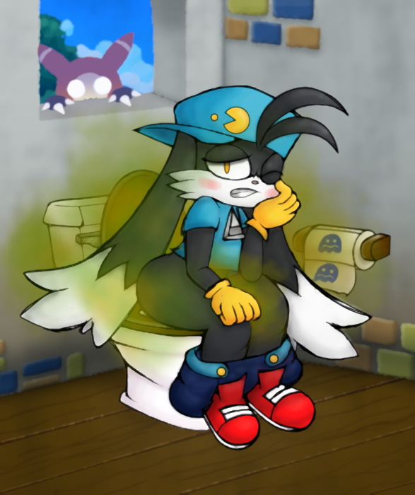 ambiguous_gender anthro bathroom big_butt black_body black_fur blush bodily_fluids bottomwear bottomwear_down butt clothed clothing diarrhea domestic_cat drowsy duo fart fart_cloud fart_fetish feces felid feline felis fur holding_head humiliation implied_scat klonoa klonoa_(series) looking_at_viewer male mammal moo_(klonoa) on_toilet pants pants_down partially_clothed privy seat sitting smelly stomach_ache straining toilet toilet_bowl toilet_paper toilet_use video_games voyeur wide_hips window