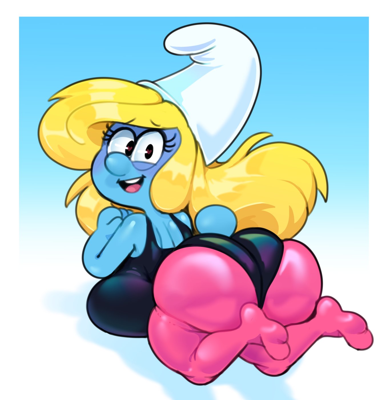 &lt;3_pupils bent_over big_breasts big_butt black_eyes blonde_hair blue_body bottomwear breasts butt clothing female hair hat headgear headwear hi_res huge_breasts huge_butt humanoid kneeling leotard looking_at_viewer looking_back open_mouth pants smurf smurfette solo somescrub the_smurfs thick_thighs yoga_pants