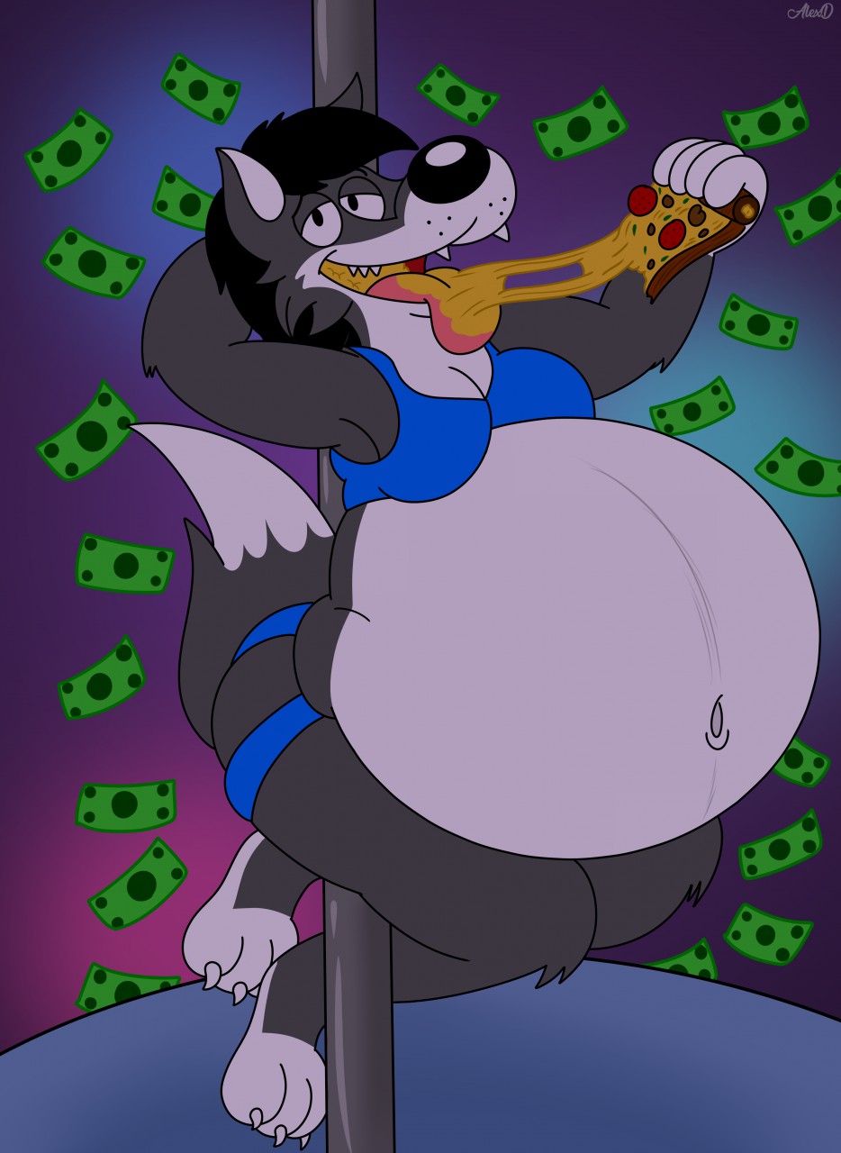 anthro belly belly_expansion belly_tuft big_belly big_breasts black_hair black_nose bra breasts canid canine canis clothing eating eating_food expansion feet food front_view fur furrylovepup_v2 girly grey_body grey_fur hair hi_res holding_food holding_object huge_thighs hyper hyper_belly looking_at_viewer looking_pleasured male male_breasts mammal money multicolored_body navel overweight overweight_male pizza pole slur solo stripper stripper_clothes stripper_pole thick_thighs tongue tongue_out tuft two_tone_body underwear white_body white_fur wide_hips wolf wolf_tail