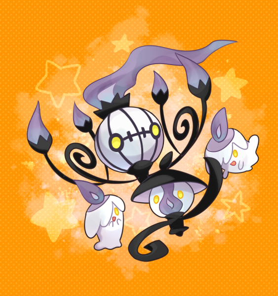 blackspade chandelure commentary_request evolutionary_line fire flame lampent litwick no_humans open_mouth orange_background pokemon pokemon_(creature) purple_fire smile star_(symbol) yellow_eyes