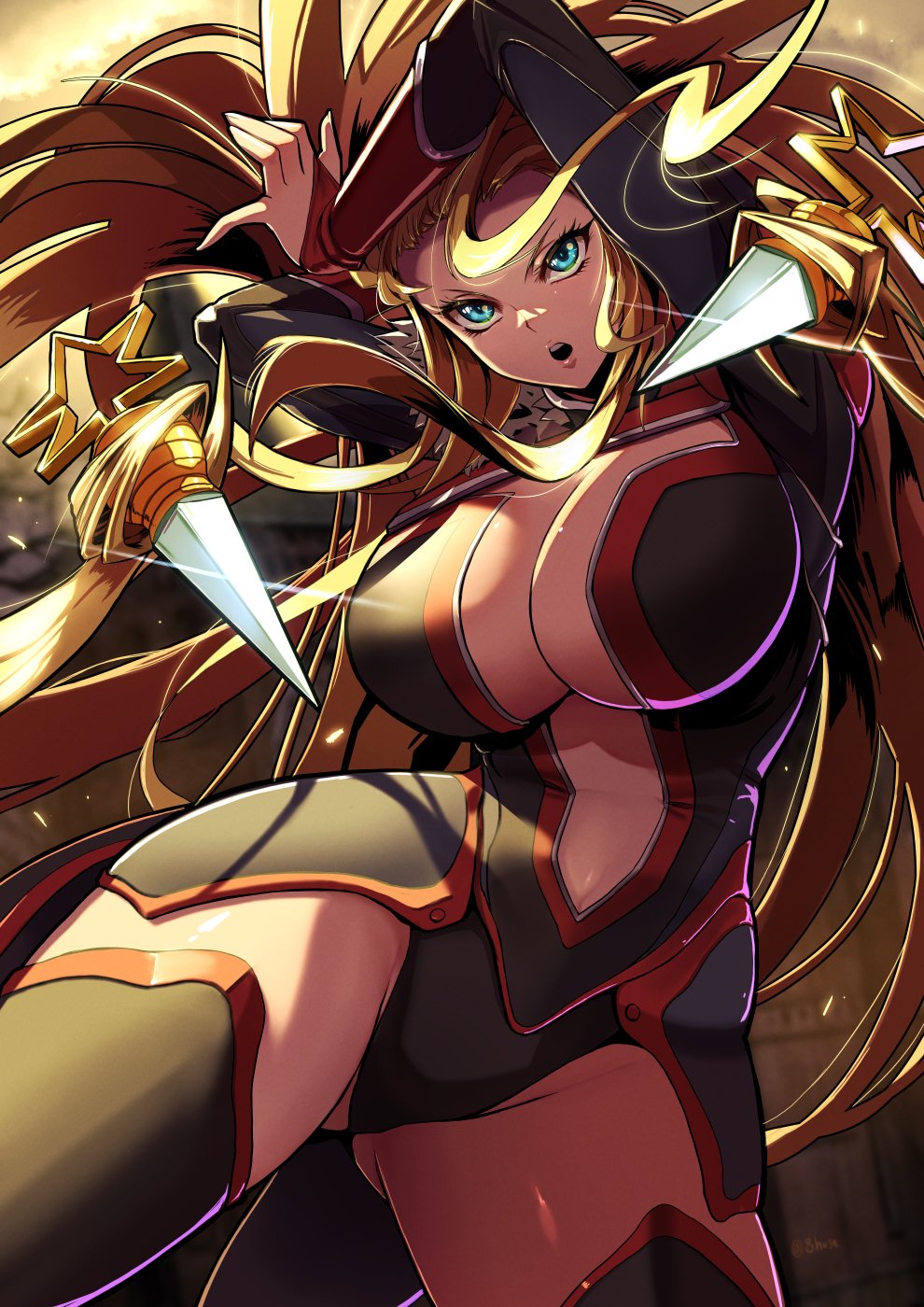 1girl arms_behind_head black_footwear blonde_hair boots breasts cleavage curvy dagger english_commentary evil flying fujioka_yatsufusa hare_trigger highres holding holding_dagger holding_weapon huge_breasts kamen_america_(comic) knife large_breasts living_hair long_hair revealing_clothes stiletto_(weapon) sunlight thick_thighs thigh_boots thighs very_long_hair villain_pose weapon