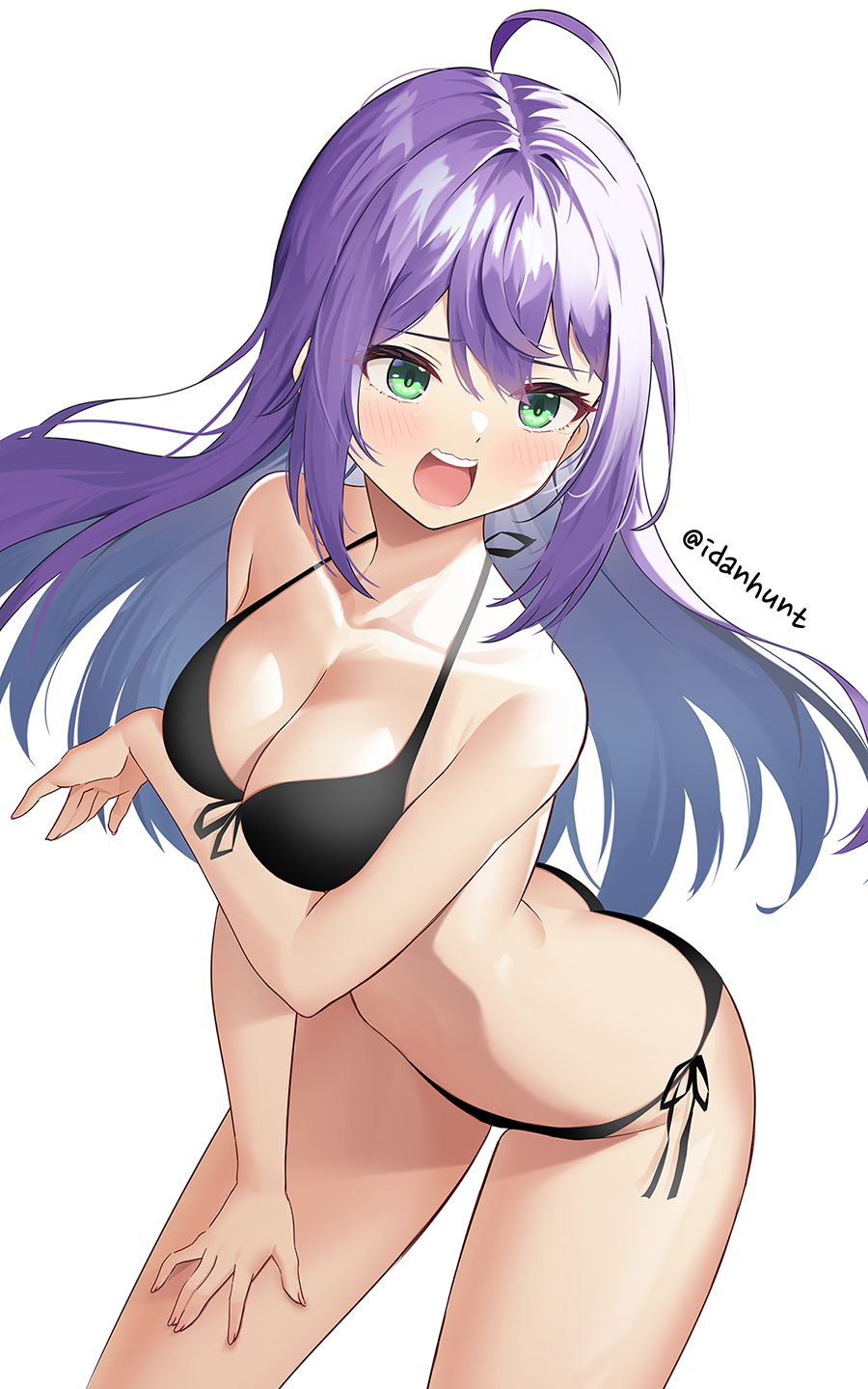 1girl ahoge arm_under_breasts bangs bare_arms bare_shoulders bikini black_bikini blush breast_hold breasts cleavage collarbone commentary_request cowboy_shot embarrassed fingernails floating_hair front-tie_bikini_top front-tie_top green_eyes hair_between_eyes halterneck hand_on_own_thigh highres idean_hunt idolmaster idolmaster_million_live! leaning_forward long_hair looking_at_viewer medium_breasts mochizuki_anna open_mouth purple_hair side-tie_bikini_bottom sidelocks simple_background solo standing swimsuit tearing_up teeth twitter_username upper_teeth very_long_hair wavy_mouth white_background