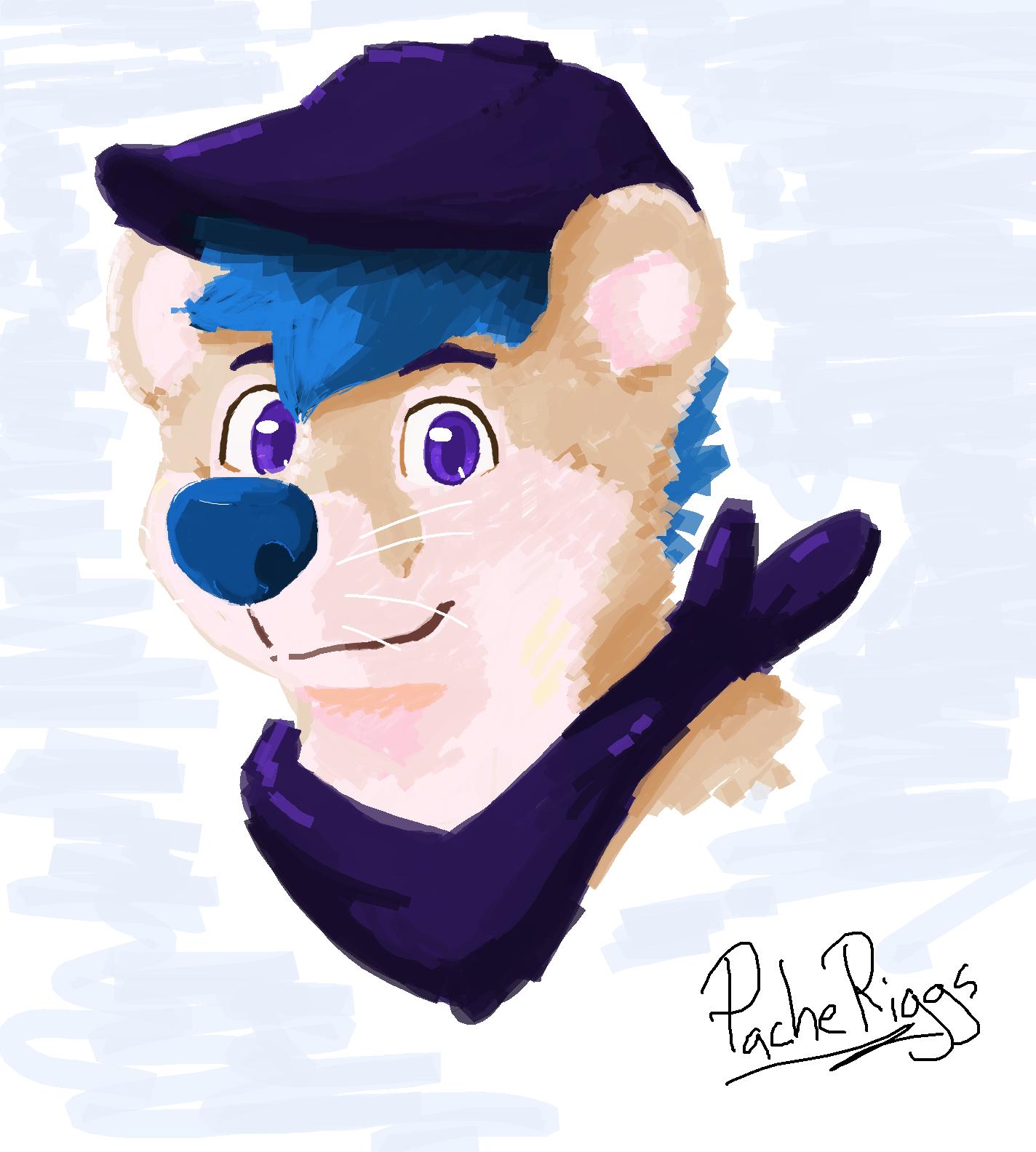 anthro blue_hair blue_nose closed_smile clothing fur glistening glistening_eyes hair hat headgear headshot_portrait headwear hi_res kerchief looking_at_viewer lutrine male mammal mouth_closed mustelid neckerchief pache_riggs pink_inner_ear portrait purple_clothing purple_eyes purple_hat purple_headwear purple_kerchief purple_neckerchief signature simple_background solo tan_body tan_fur whiskers white_body white_fur
