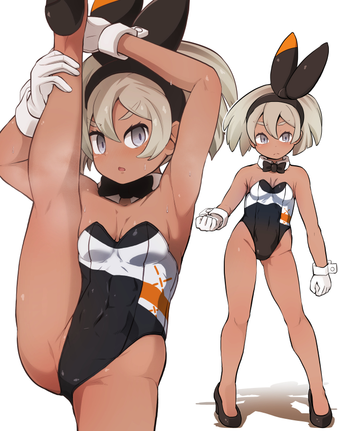 1girl adapted_costume armpits bangs bare_legs bea_(pokemon) black_leotard blonde_hair bow_hairband breasts cleavage clenched_hands closed_mouth commentary_request covered_abs dark_skin detached_collar eyelashes frown garoudo_(kadouhan'i) gloves grey_eyes hair_between_eyes hairband high_heels leg_hold leotard looking_at_viewer multiple_views playboy_bunny pokemon pokemon_(game) pokemon_swsh short_hair split standing standing_on_one_leg standing_split steam sweat white_gloves