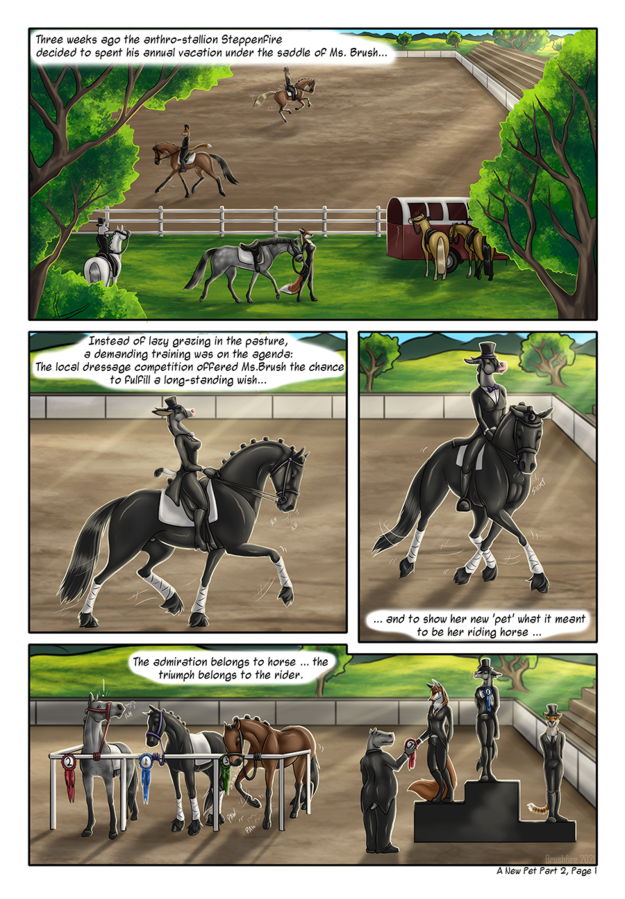 brushfire comic dominatrix draft_horse dressage english_text equid equine feral friesian hi_res horse madam_brush mammal ownership petplay ponyplay roleplay text transformation