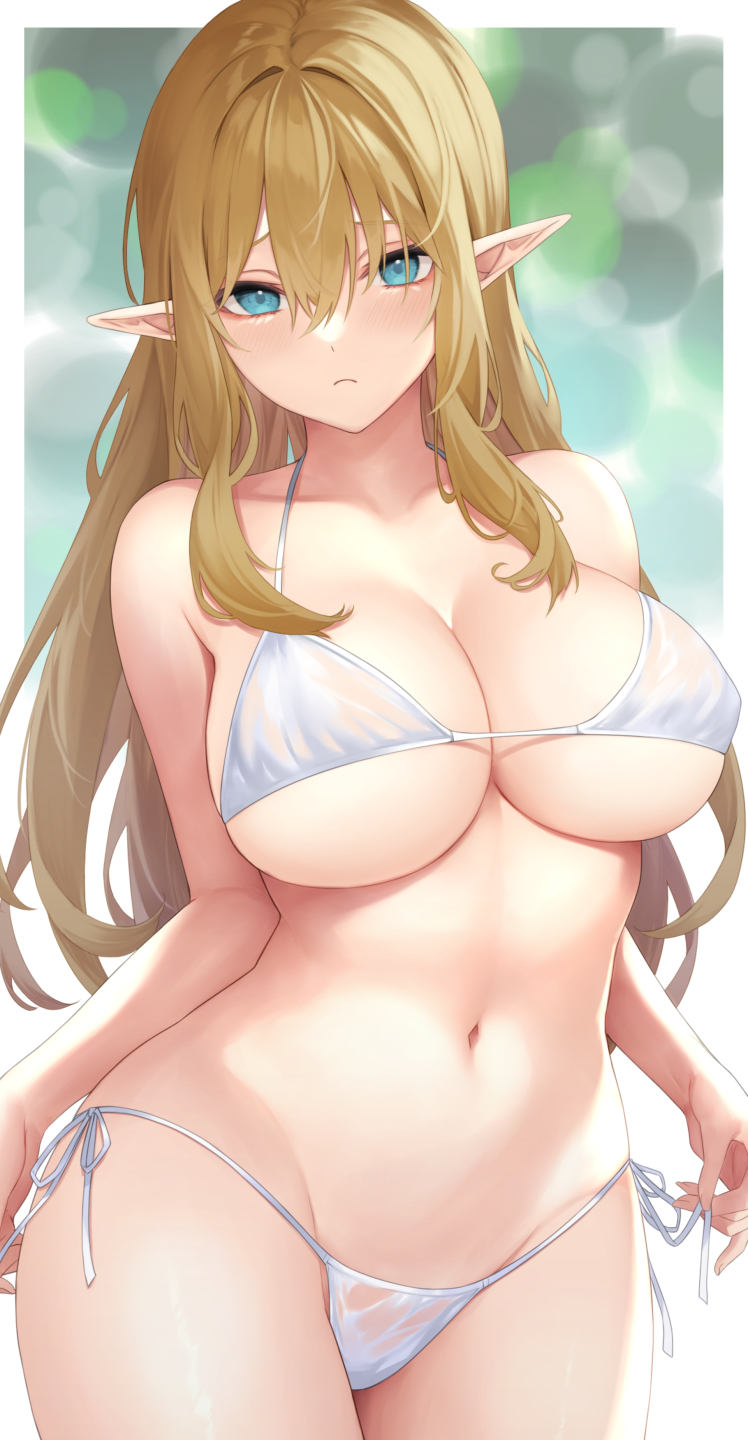 1girl anza_tomo bangs bare_shoulders bikini blonde_hair blue_eyes blush breasts cleavage collarbone elf highres large_breasts long_hair looking_at_viewer navel original pointy_ears sidelocks solo swimsuit thighs white_bikini