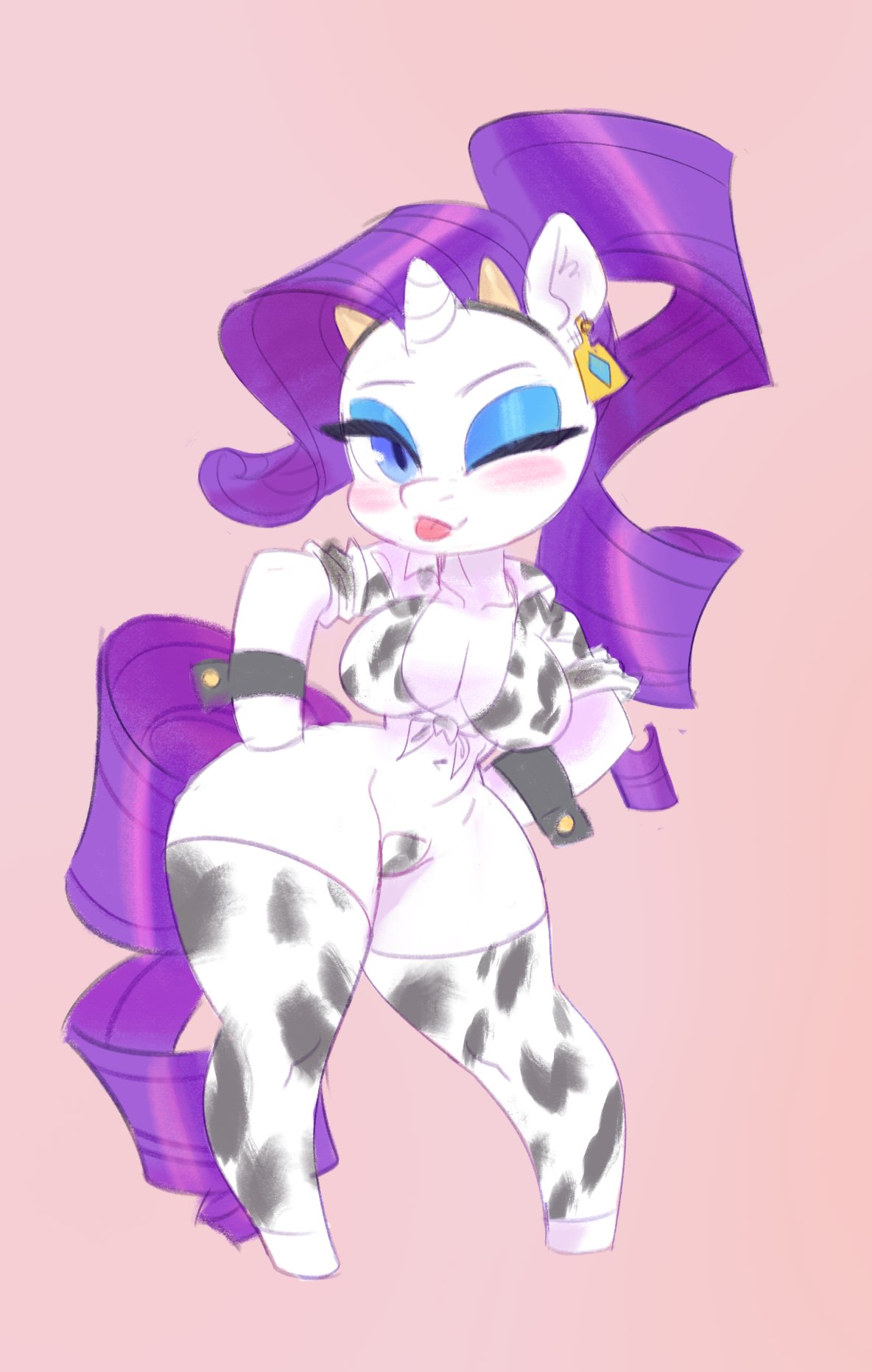 animal_print anthro big_breasts blue_eyes blush breasts bulveetox chinese_zodiac collarbone cow_print digital_media_(artwork) ear_tag equid equine eyeshadow fake_horns female friendship_is_magic hair hasbro hi_res horn makeup mammal my_little_pony navel one_eye_closed pink_background purple_hair purple_tail rarity_(mlp) short_stack simple_background standing thick_thighs tongue tongue_out unicorn white_body wide_hips year_of_the_ox