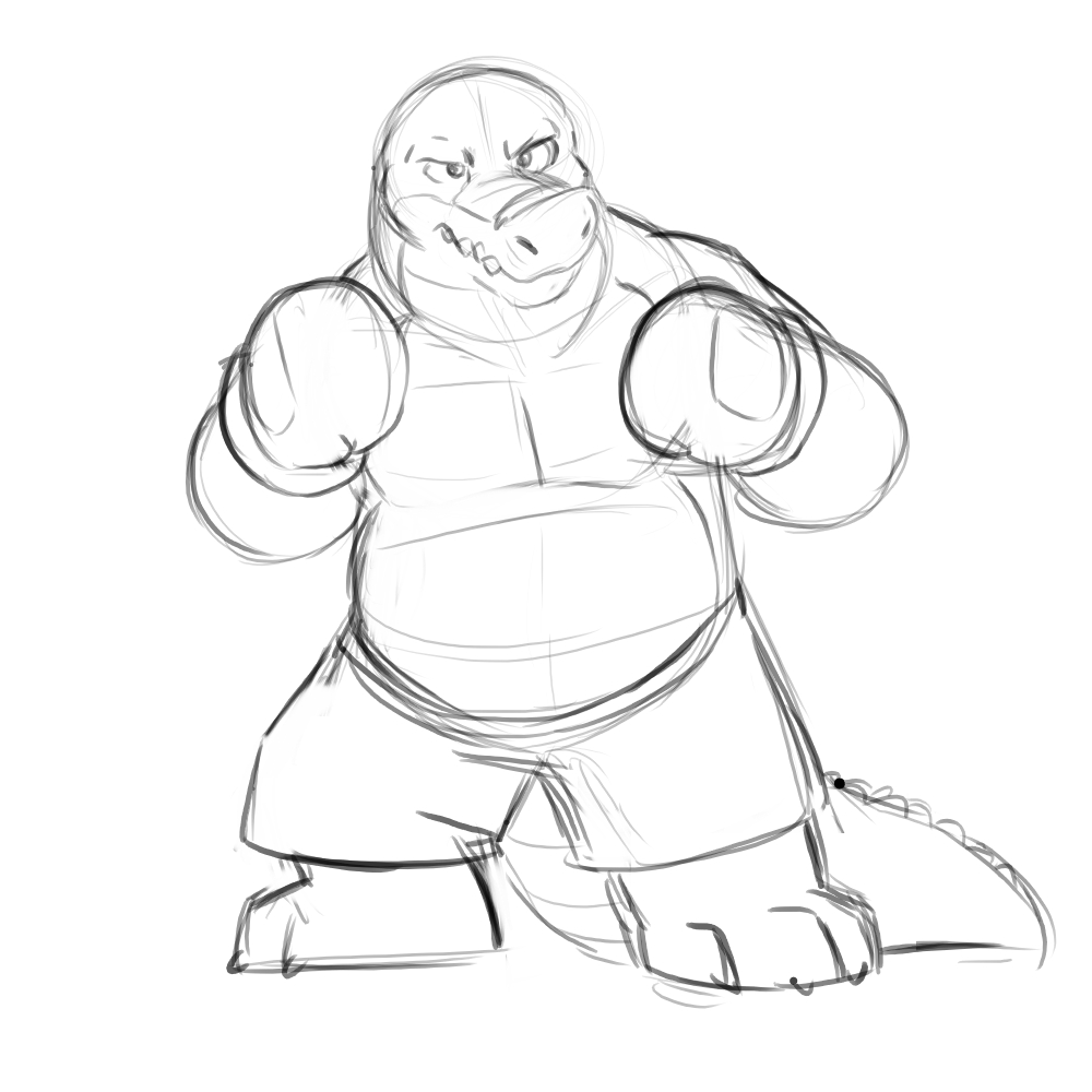 2021 alligator alligatorid anthro biped bottomwear boxing_gloves boxing_shorts brok_(character) brok_the_investigator clothing crocodilian handwear knaveofclubs male reptile scalie shorts simple_background sketch slightly_chubby solo video_games