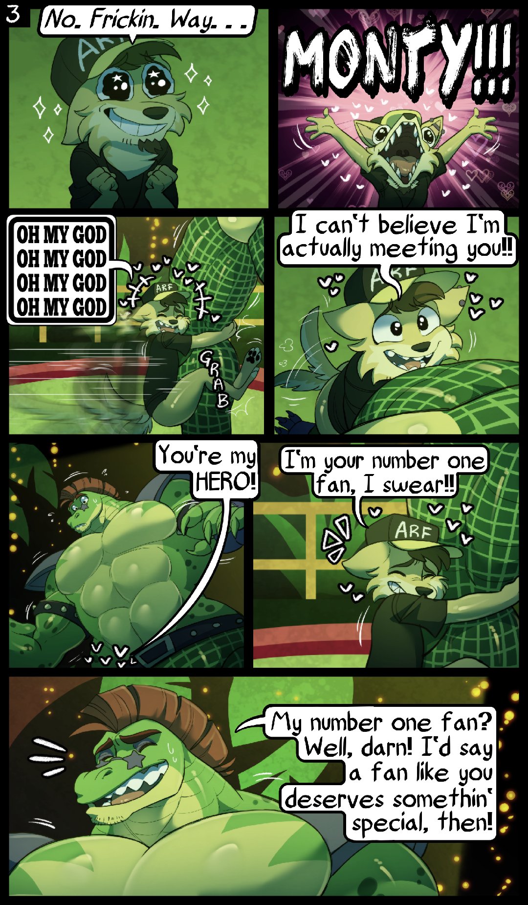 &lt;3 anthro bodily_fluids canid canine canis clothing comic crocodile crocodilian crocodylid daxterdingo duo english_text excited eyes_closed eyewear featureless_crotch five_nights_at_freddy's five_nights_at_freddy's:_security_breach hat headgear headwear hi_res hoodie hugging_leg humanoid kidde_jukes machine male mammal mohawk montgomery_gator_(fnaf) muscular muscular_male pecs reptile robot scalie scottgames size_difference smile sunglasses tears text topwear video_games