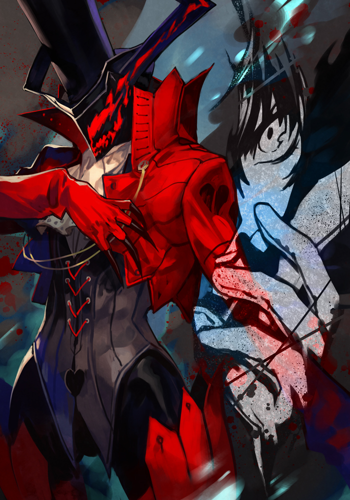 amamiya_ren arsene_(persona_5) ascot black_hair black_headwear black_pants boots claws cowboy_shot cropped_jacket gloves hat high_collar hungry_clicker jacket lace-up_top looking_at_viewer mask pants persona persona_5 red_footwear red_jacket thigh_boots top_hat waistcoat white_ascot