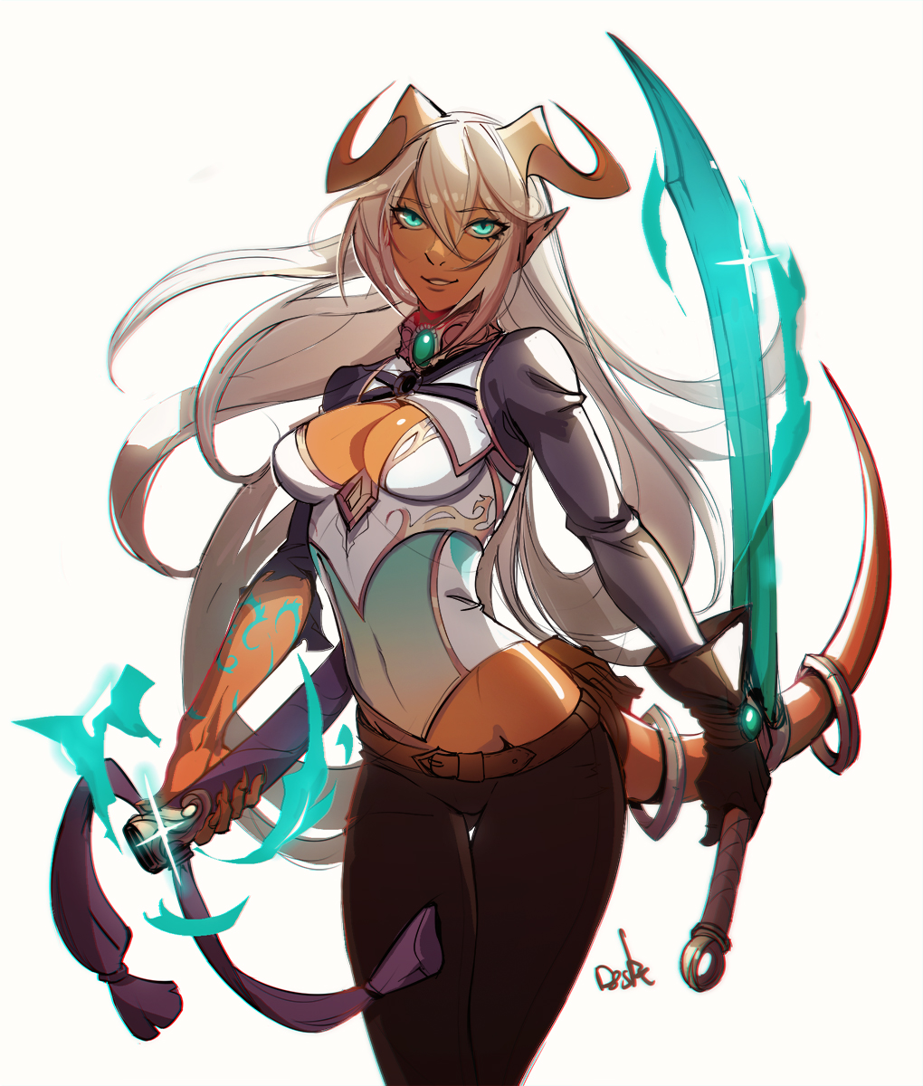 1girl ass_visible_through_thighs blue_eyes breasts brown_gloves brown_pants colored_skin distr dungeons_and_dragons glint gloves highres holding holding_sword holding_weapon horns long_hair long_sleeves looking_at_viewer medium_breasts orange_skin pants reverse_grip scabbard sheath shrug_(clothing) simple_background smile solo sword tail tail_ornament tail_ring thigh_gap tiefling unsheathed weapon white_background white_hair