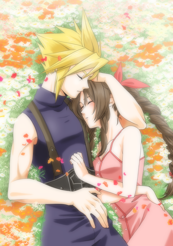 1boy 1girl aerith_gainsborough arm_around_neck bangs bare_arms belt blonde_hair blue_pants blue_shirt blush braid braided_ponytail breasts brown_hair cleavage closed_eyes cloud_strife couple cowboy_shot cuddling dress falling_petals final_fantasy final_fantasy_vii hair_between_eyes hair_ribbon hand_in_another's_hair hand_on_another's_chest kirishima_saya long_hair lying medium_breasts on_back on_side outdoors pants parted_bangs parted_lips petals pink_dress pink_ribbon ribbon shirt short_hair sidelocks sleeping sleeveless sleeveless_turtleneck spiked_hair suspenders turtleneck