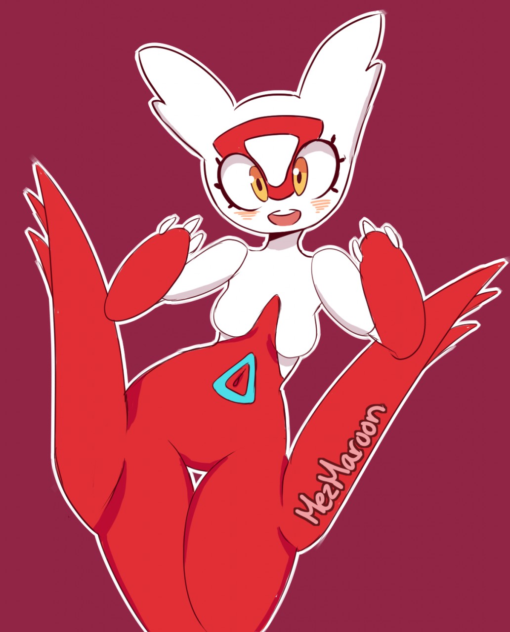 anthro blush breasts digital_media_(artwork) featureless_breasts featureless_crotch female happy latias legendary_pok&eacute;mon mezmaroon nintendo nude open_mouth pok&eacute;mon pok&eacute;mon_(species) simple_background smile solo standing thick_thighs video_games wide_hips yellow_eyes