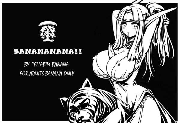 armpits banana between_breasts blush breasts cleavage covered_nipples dress elf engrish food food_between_breasts fruit greyscale huge_breasts jewelry monochrome mouth_hold nefarian pointy_ears ranguage solo tiara tiger tyrande_whisperwind warcraft world_of_warcraft