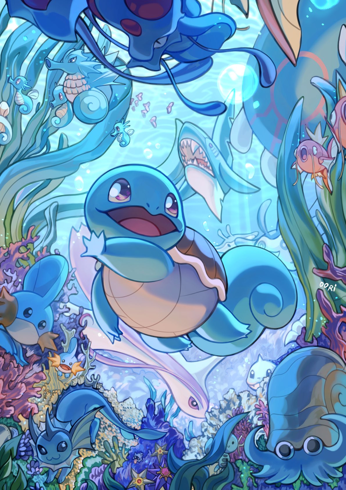 :d character_request highres kyogre magikarp mudkip no_humans official_art oori_art open_mouth pokemon pokemon_(creature) sharp_teeth smile squirtle starmie staryu swimming teeth tongue underwater vaporeon water