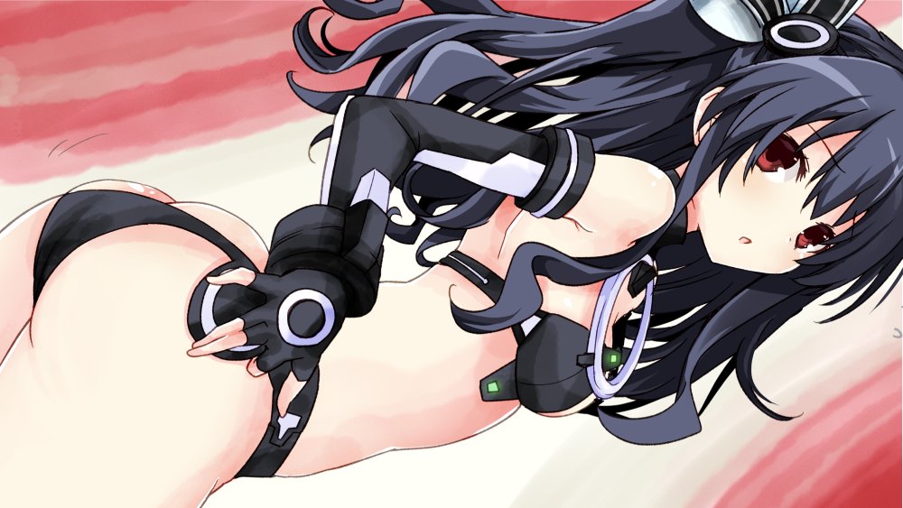 1girl ass bare_shoulders black_hair black_sister blush breasts detached_sleeves dress elbow_gloves gloves green_eyes hair_ornament hair_ribbon iwashi_dorobou_-r- long_hair looking_at_viewer neptune_(series) power_symbol red_eyes revealing_clothes ribbon small_breasts two_side_up uni_(neptune_series) white_hair