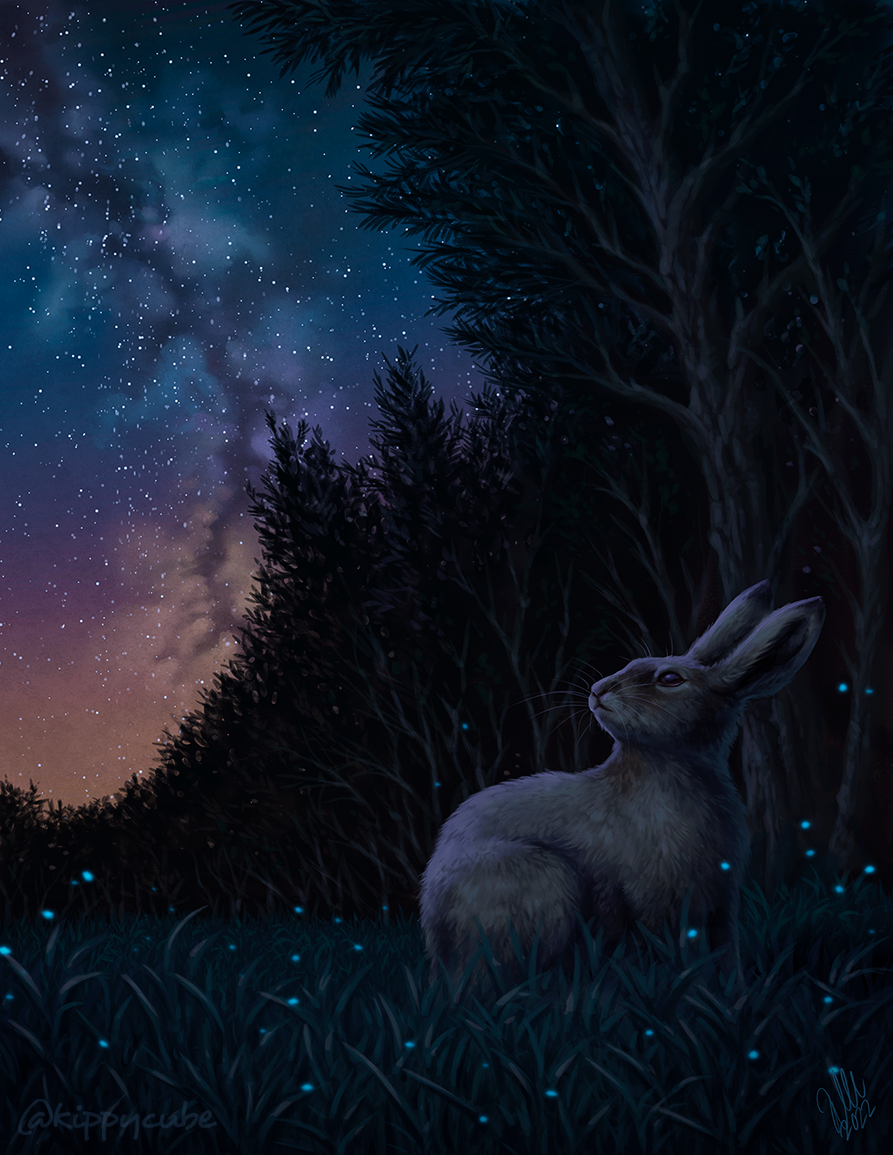 2022 blurred_foreground detailed digital_media_(artwork) female feral forest glistening glistening_eyes grass hare kippycube lagomorph leporid long_ears looking_back looking_up mammal night outside plant signature sky snowaurus solo star starry_sky tall_grass tree watermark whiskers