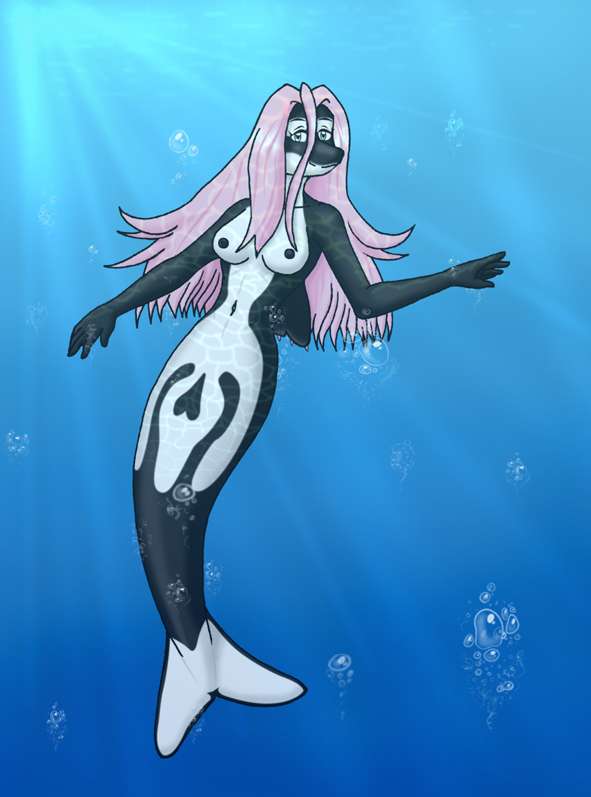 5_fingers anthro black_and_white_body blue_eyes breasts bubble casual_nudity cetacean delphinoid dorsal_fin female fin fingers hair long_hair looking_at_viewer mammal marine merfolk nipples oceanic_dolphin orca pink_hair smile solo split_form tail_fin toothed_whale underwater vjmorales water