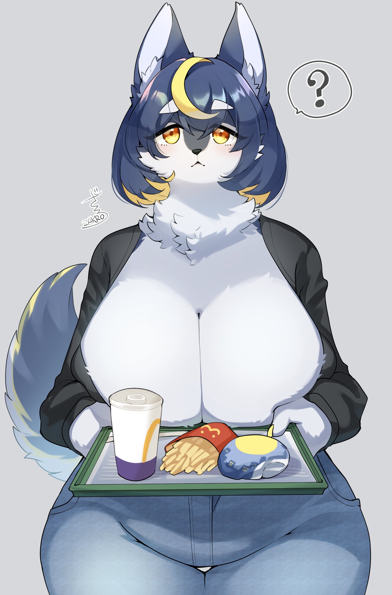 2022 anthro beverage big_breasts blush bottomwear breasts burger canid canine canis cleavage clothed clothing curvy_figure denim denim_clothing female female_anthro fluffy food fries fur hair hi_res holding_object huge_breasts jeans kemono lemoco mammal mcdonald's multicolored_body multicolored_fur multicolored_hair neck_tuft pants portrait question_mark solo three-quarter_portrait tray tuft voluptuous wide_hips wolf