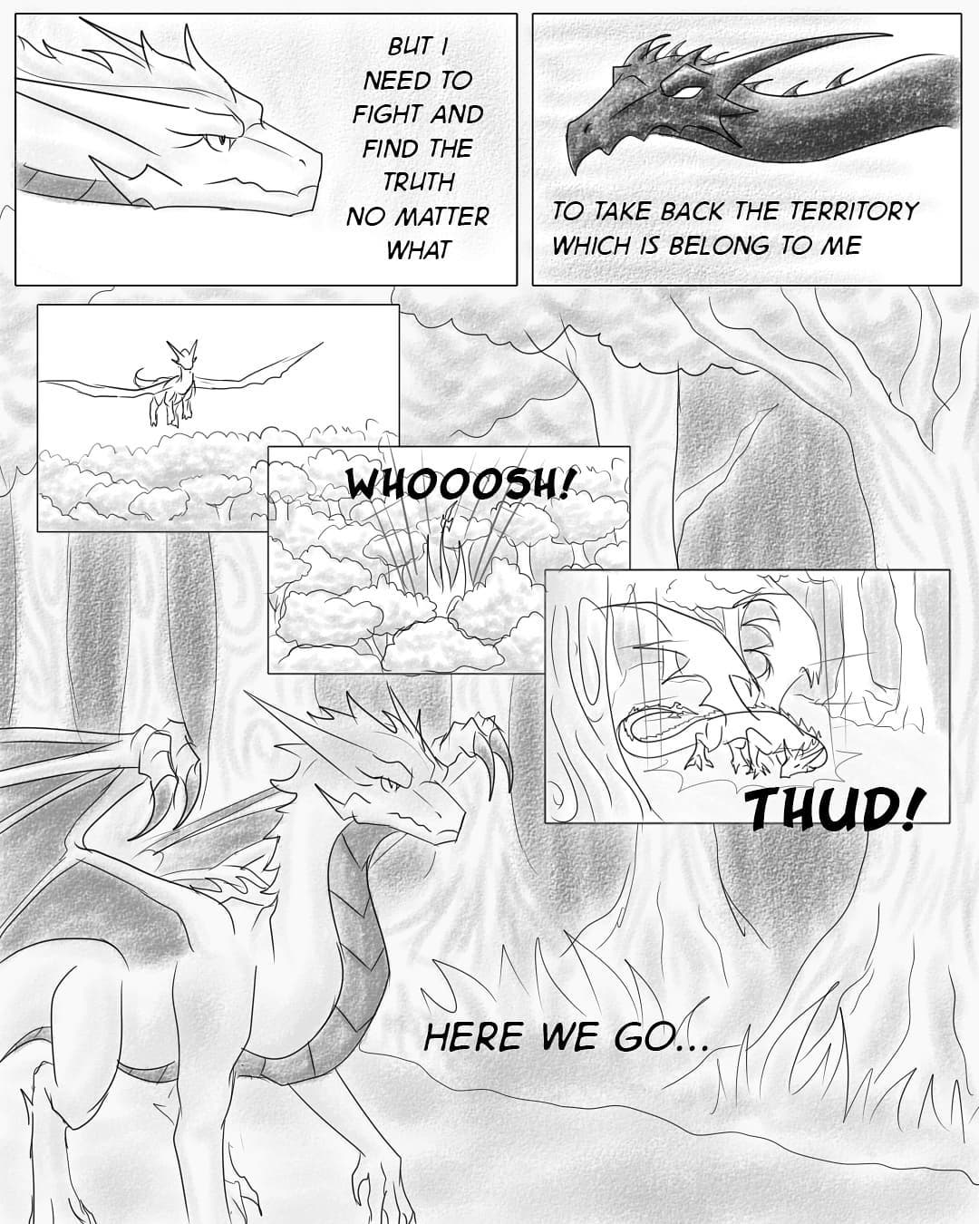 4:5 ambiguous_gender black_and_white claws comic comic_panel confident dialogue dragon duo english_text female feral forest hi_res horn leaf line_art monochrome nature nuree_art outside plant reevah_(nuree_art) scalie sketch speech_bubble spikes text tree western_dragon wings