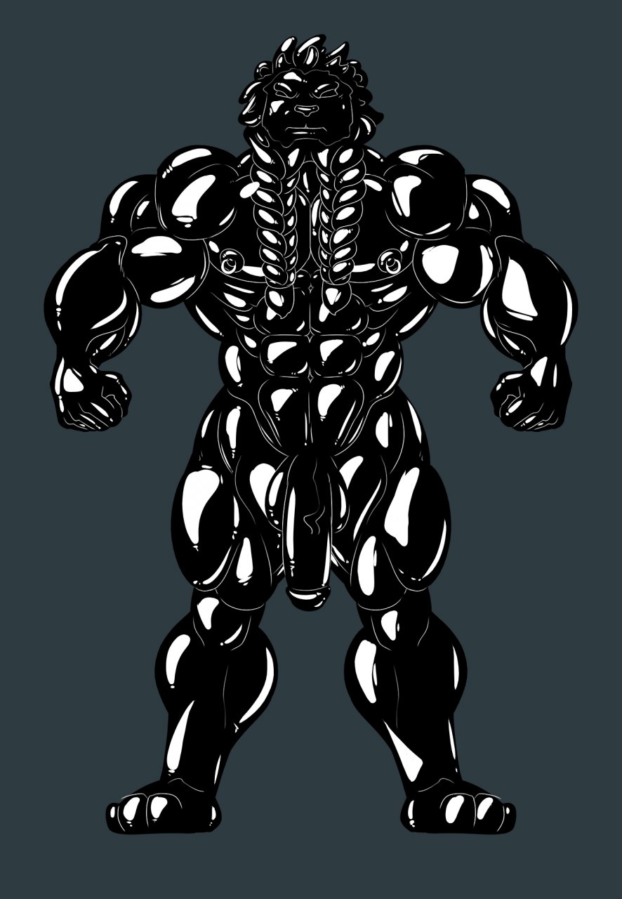 abs anthro braided_hair felid hair hi_res jewish_mythology kartos latex lion male mammal muscular mythological_golem mythology nipple_piercing nipple_ring nipples pantherine pecs piercing ring_piercing rubber shadowfox13 solo