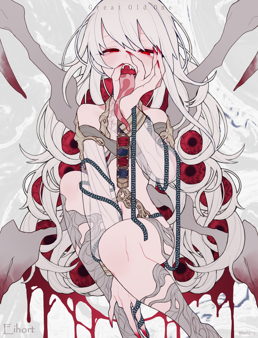 :&gt;= albino blood cthulhu_mythos detached_sleeves extra_eyes flat_chest long_hair long_tongue looking_at_viewer open_mouth personification red_eyes red_nails sharp_teeth teeth tongue tongue_out white_hair yaemugura