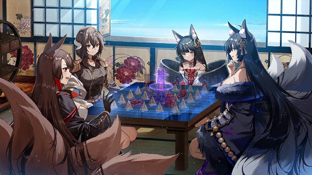 4girls akagi_(azur_lane) animal_ear_fluff animal_ears artist_request azur_lane black_gloves black_hair black_kimono black_tail breasts brown_hair brown_jacket brown_tail buttons curled_horns day double-breasted dress epaulettes fox_ears fox_tail fur-trimmed_kimono fur_trim gloves gold_trim hair_between_eyes hair_ornament half_gloves holographic_interface horns huge_breasts indoors jacket japanese_clothes jewelry kimono kitsune kyuubi large_breasts loading_screen long_hair long_sleeves low_neckline magatama magatama_necklace mikasa_(azur_lane) military military_uniform multiple_girls multiple_tails musashi_(azur_lane) nagato_(azur_lane) necklace official_art red_dress short_hair sleeveless sleeveless_dress tail third-party_source two-tone_tail uniform very_long_hair white_dress white_tail wide_sleeves yellow_eyes z_flag