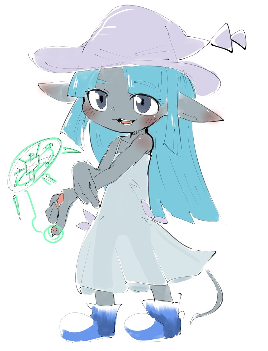 anthro blue_hair blush boots clothing doneru dress female footwear grey_body hair hat headgear headwear magic pawpads simple_background sketch smile solo symbol translucent translucent_clothing white_background white_clothing white_dress young