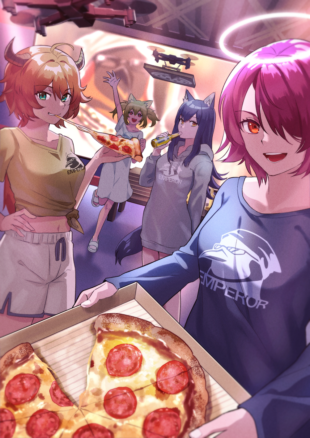 4girls :d ahoge alternate_costume animal_ears arknights bangs black_shirt breasts commentary_request croissant_(arknights) drone exusiai_(arknights) food green_eyes grey_hoodie grin hair_over_one_eye halo hand_on_hip highres holding holding_food hood hoodie horns jacket long_hair long_sleeves looking_at_viewer memetaroh midriff multiple_girls navel open_mouth orange_hair penguin_logistics_(arknights) pizza pizza_slice red_eyes red_hair shirt short_hair short_sleeves shorts smile sora_(arknights) stomach texas_(arknights) the_emperor_(arknights) tied_shirt white_shorts yellow_eyes yellow_shirt