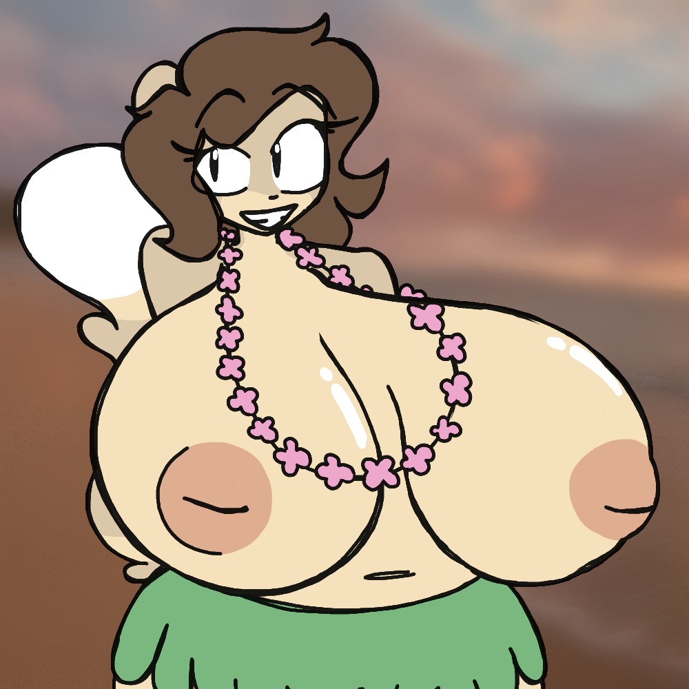 anthro big_breasts blurred_background breasts brown_hair clothed clothing female flower_necklace flufflewdzthings hair huge_breasts hula_skirt inverted_nipples lemur mammal nipples primate smile solo strepsirrhine topless topless_female wide_hips