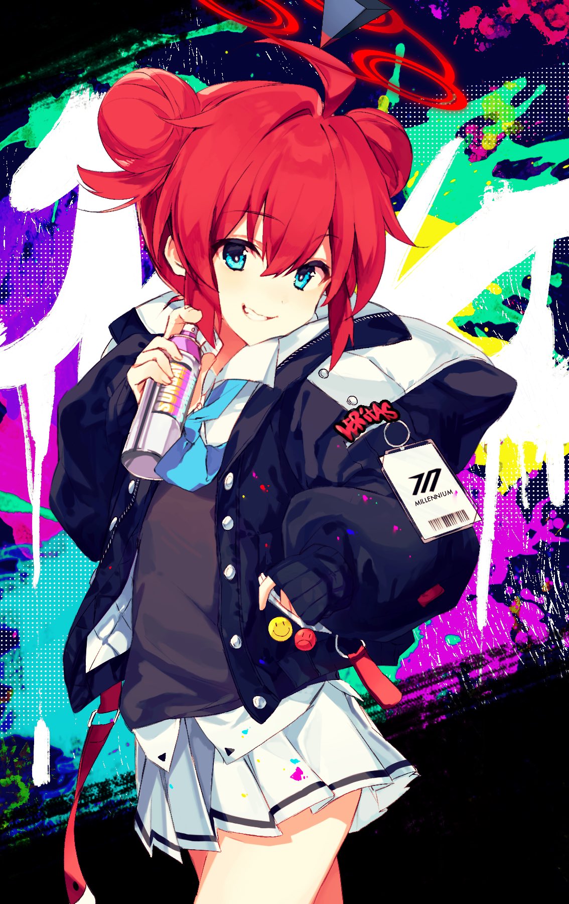 1girl ahoge blue_archive blue_eyes blue_necktie cowboy_shot double_bun graffiti grin hair_bun halo hand_in_pocket highres holding hood hood_down hooded_jacket id_card jacket long_sleeves maki_(blue_archive) necktie paint_on_clothes pleated_skirt puffy_sleeves red_hair shirt sidelocks skirt sleeves_past_wrists smile smiley_face solo spray_can spray_paint standing super_chica sweater_vest turning_head white_shirt