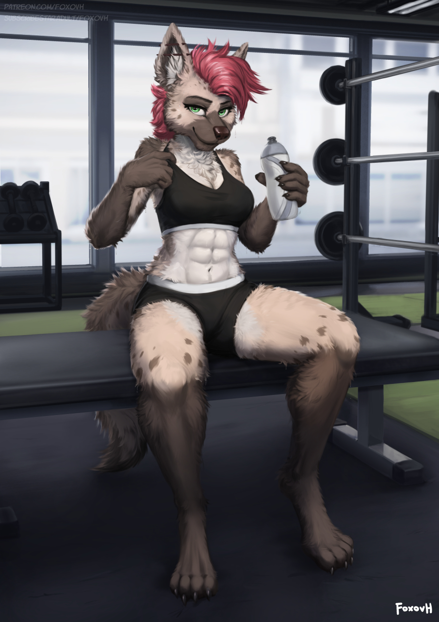5_fingers abs anthro barefoot bottle bottomwear bra breasts canid canine canis cleavage clothed clothing digital_media_(artwork) feet female fingers foxovh fur green_eyes gym hair hi_res holding_bottle holding_object hyaenid looking_at_viewer mammal midriff muscular muscular_anthro muscular_female red_hair shirt smile solo sports_bra spotted_hyena toes topwear underwear yakeera_(hoofen)