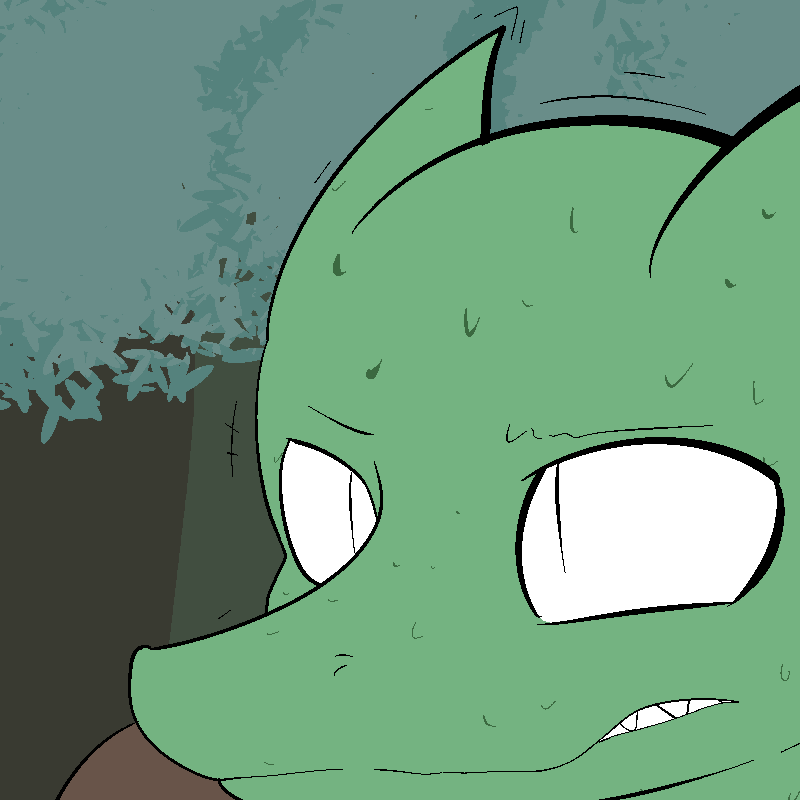 2014 anthro bodily_fluids close-up digital_drawing_(artwork) digital_media_(artwork) fen_(lagotrope) kobold lagotrope lizard male outside plant pupils reptile scalie scared shaking slit_pupils solo story story_at_source story_in_description sweat tgchan tree