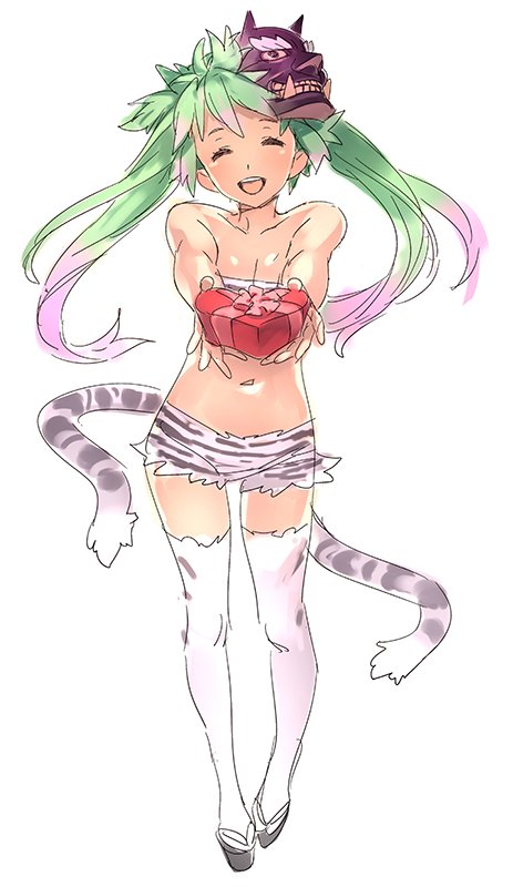 1girl animal_print bandeau candy chocolate closed_eyes flat_chest food full_body green_hair heart heart-shaped_chocolate mask mask_on_head multicolored_hair multiple_tails navel nishieda oni_mask open_mouth original pink_hair sandals short_shorts shorts smile solo tail thighhighs tiger_print tiger_tail twintails two-tone_hair