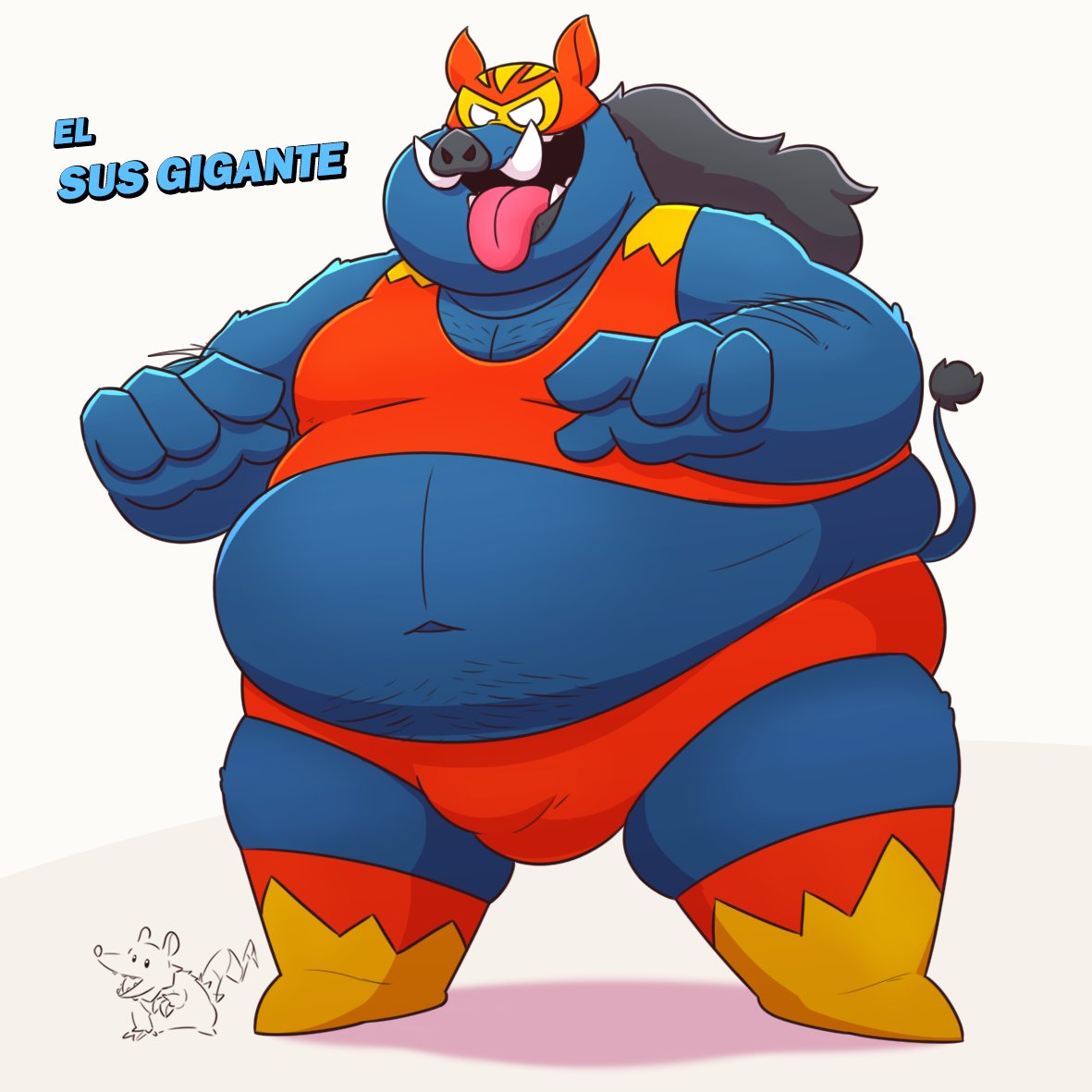 2022 anthro belly big_belly blue_body bulge clothed clothing didelphid duo humanoid_hands leonthelionel male mammal marsupial mask spanish_text suid suina sus_(pig) text tongue tongue_out wild_boar wrestler