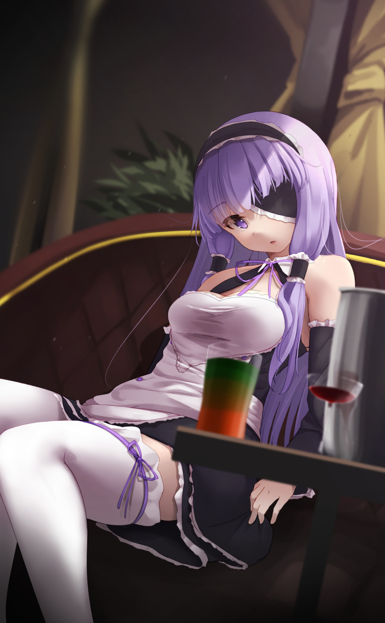1girl alcohol apron bare_shoulders cocktail cocktail_glass cup dream_c_club dream_c_club_(series) drink drinking_glass eyepatch hairband headdress highres legs long_hair looking_at_viewer maid mari_(dream_c_club) oren_(770len) purple_eyes purple_hair solo thighhighs twintails waitress white_thighhighs wine wine_glass